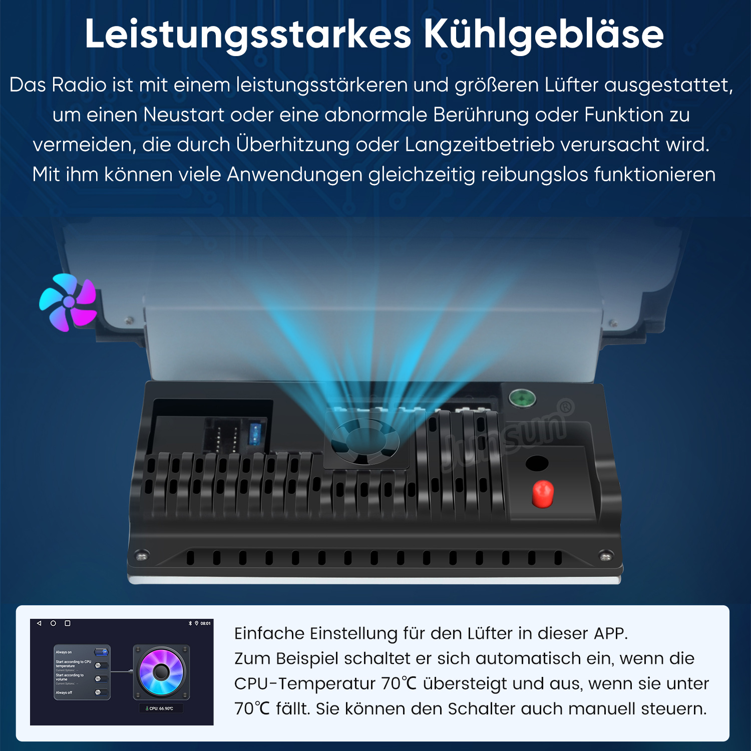 Ein Autoradio mit einem Lüfter und einer App zur Lüftersteuerung.