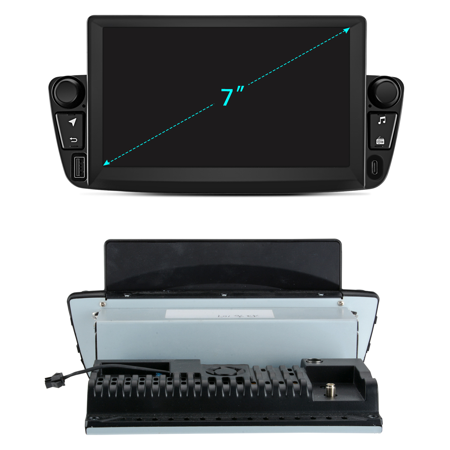 Ein 7-Zoll-Autoradio-Touchscreen mit Knöpfen und Anschlüssen.