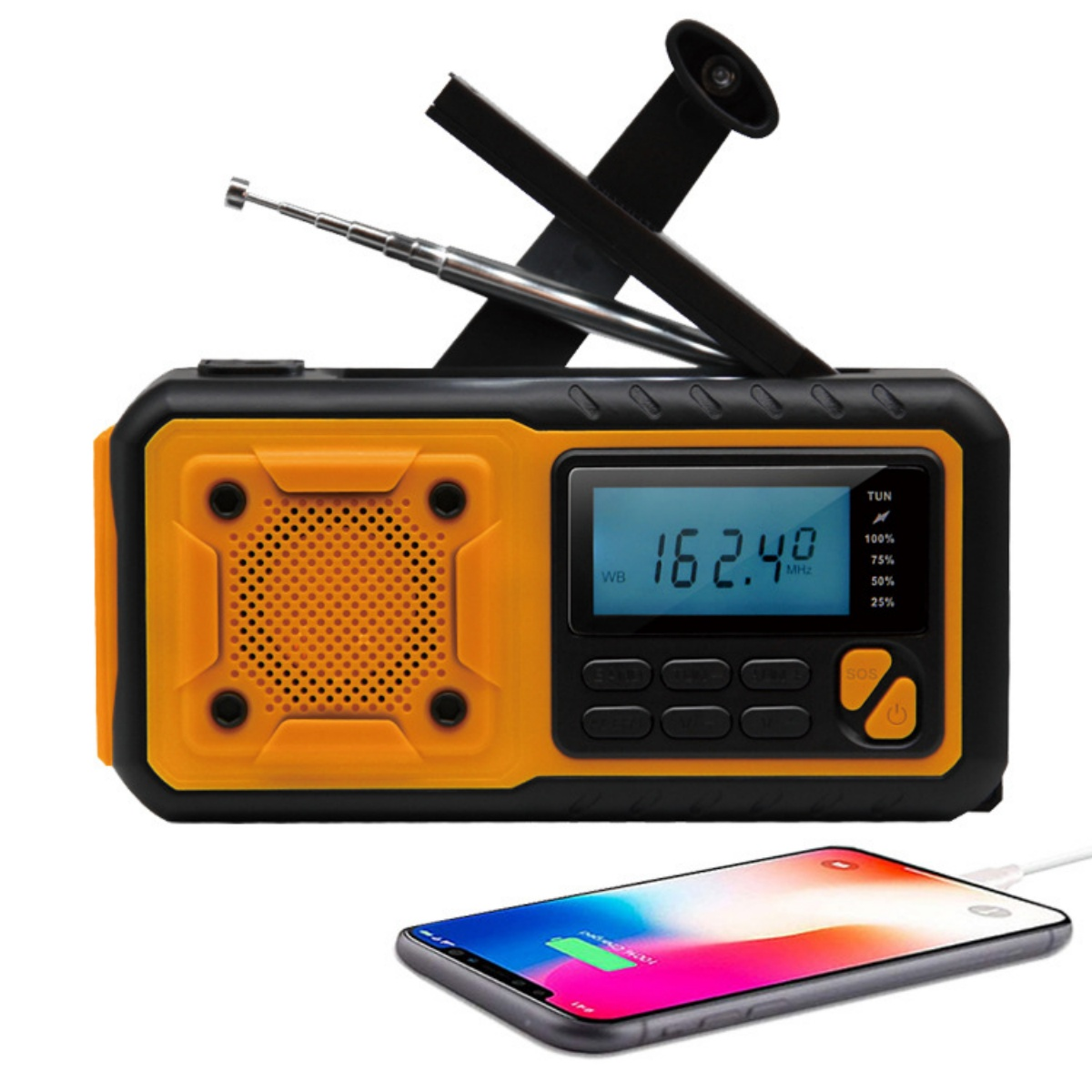 Gelbes Notfallradio mit ausgefahrenem Antennenstab, beleuchtetem Display und SOS-Knopf.