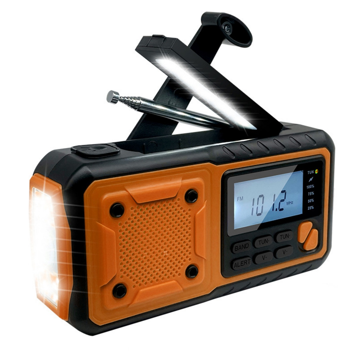 Ein orangefarbenes und schwarzes Notfallradio mit Taschenlampe und ausklappbarem LED-Licht.