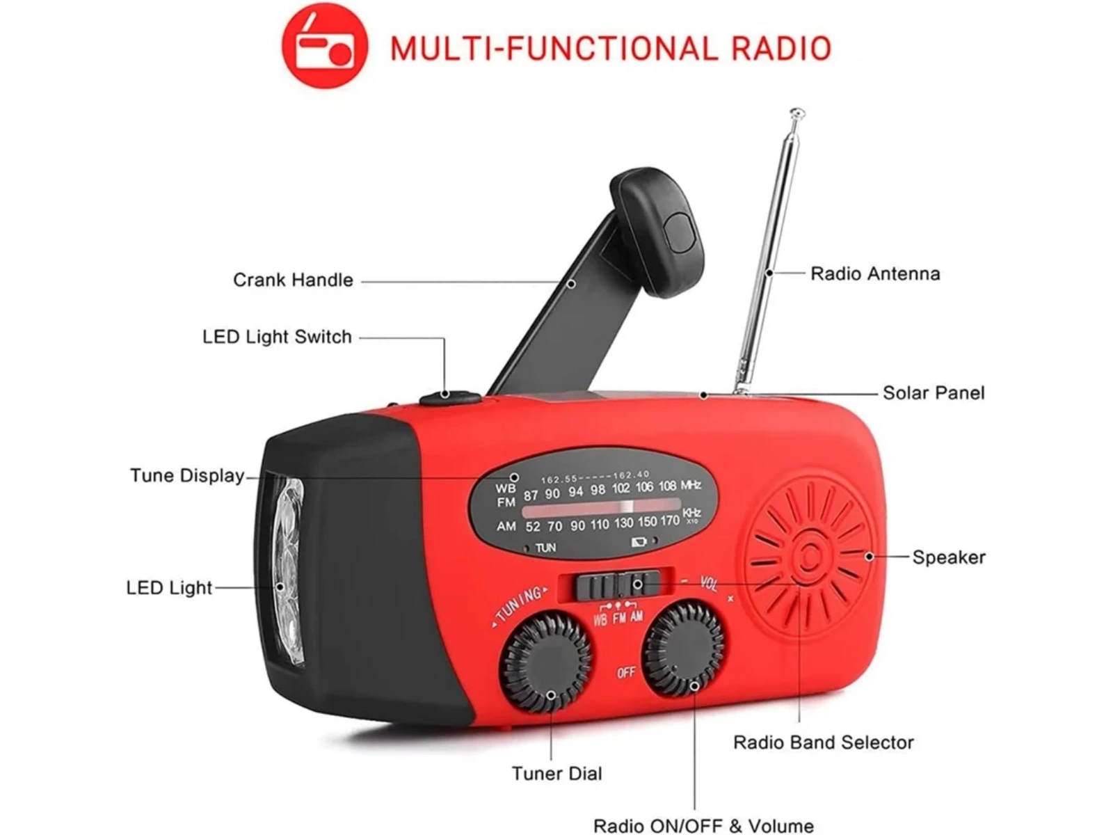 Ein rotes Multifunktionsradio mit Kurbel, Solarpanel, Antenne und LED-Licht.