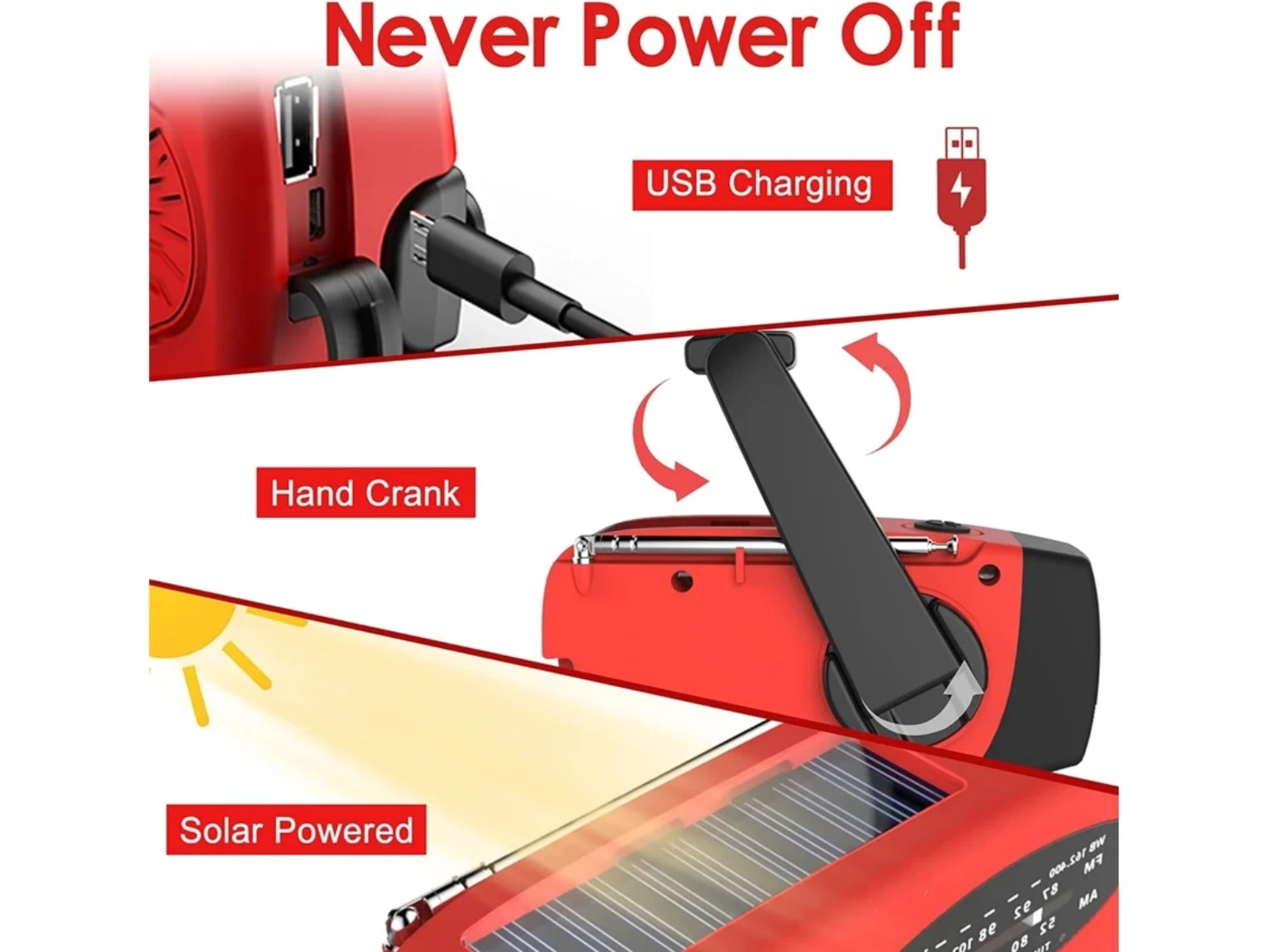 Rotes Notfallradio: Solar, Handkurbel und USB-Aufladung.