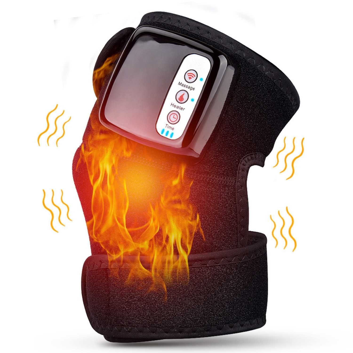 Schwarze Kniebandage mit Heiz- und Massagefunktion, Flammen-Effekt.