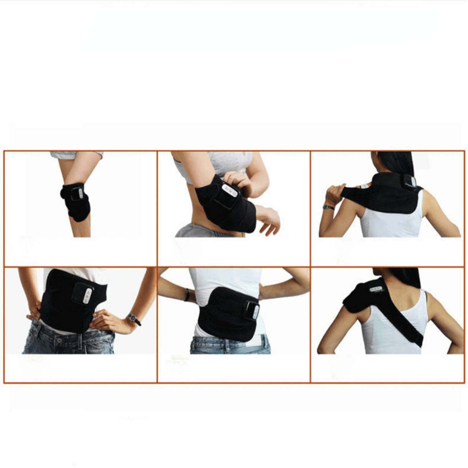 Sechs Bilder zeigen schwarze Bandagen für Knie, Ellbogen, Taille und Schulter.