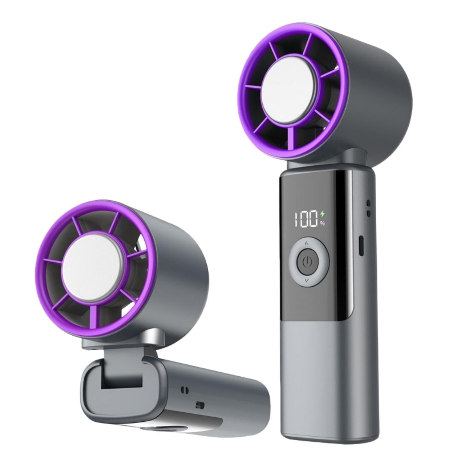 Ein grauer Handventilator mit violetter Lüfterabdeckung und digitaler Anzeige.
