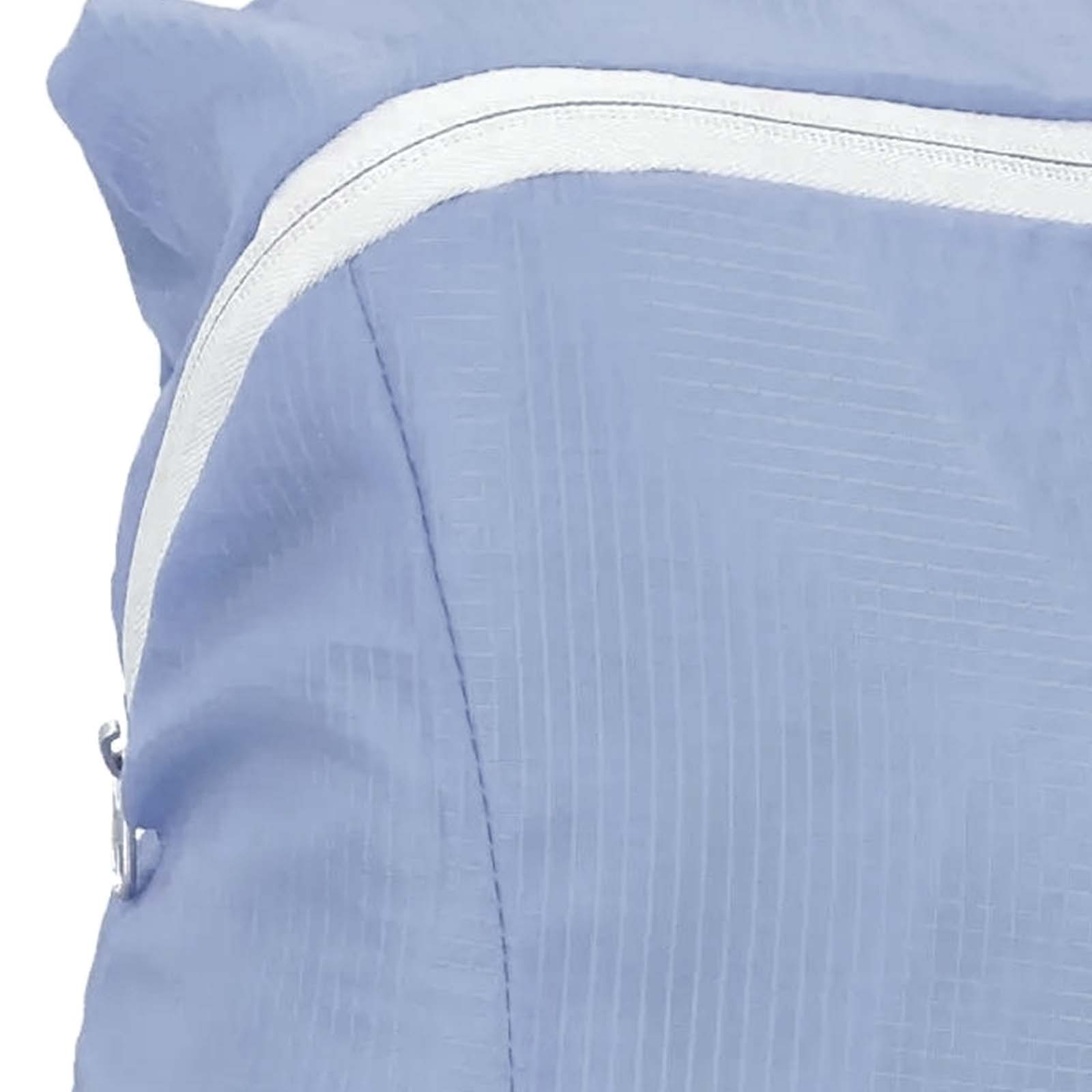Hellblaue Tasche mit weißem Reißverschluss und sichtbaren Nähten.