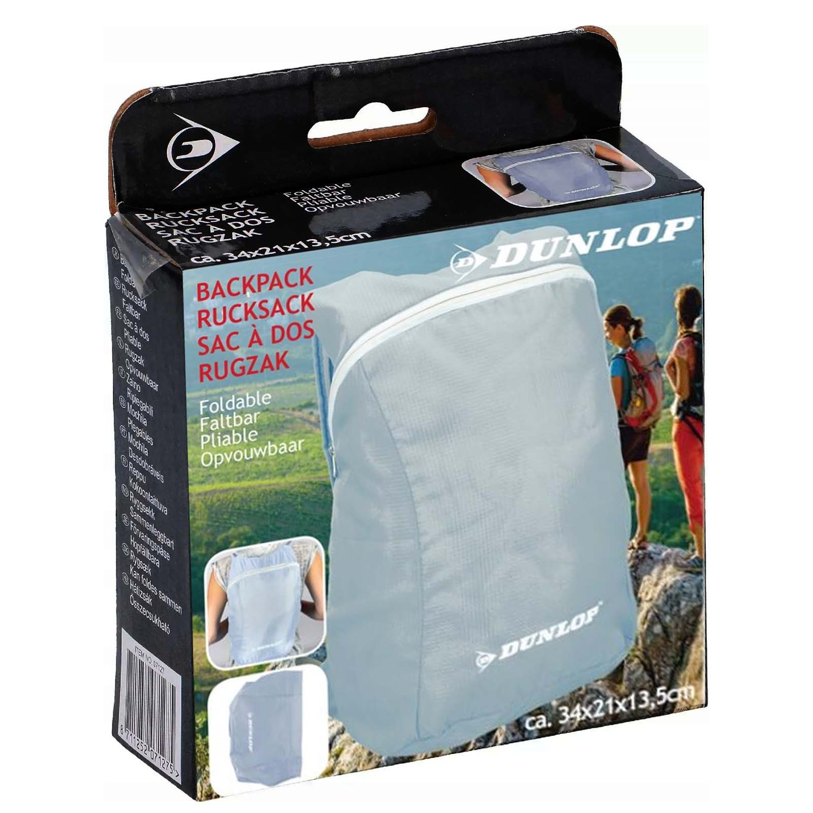 Verpackung eines faltbaren Rucksacks mit Dunlop-Logo und Bild von Wanderern.