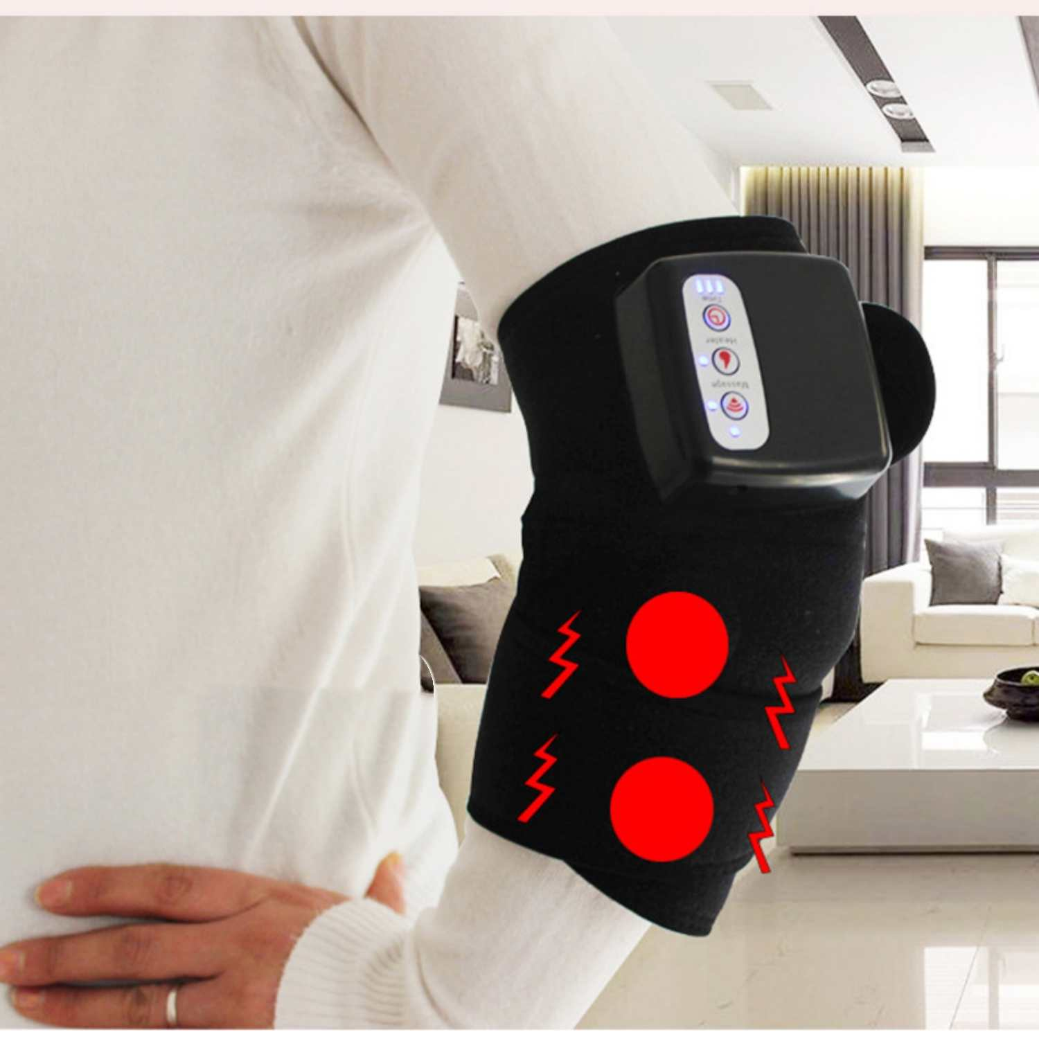 Person trägt eine Armmanschette mit Massagegerät, rote Kreise und Blitze.