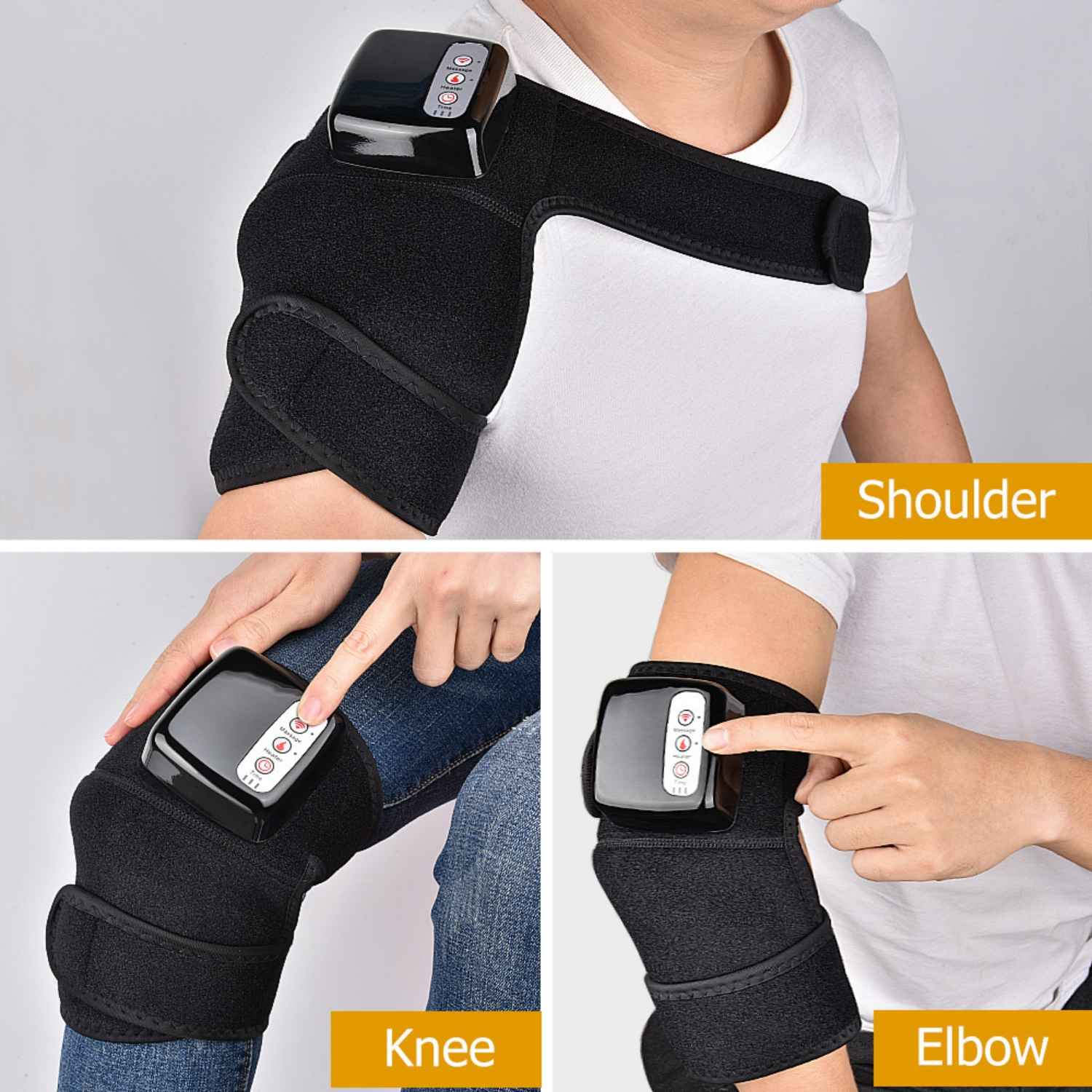 Person mit Heiz- und Massagegerät an Schulter, Knie und Ellbogen.