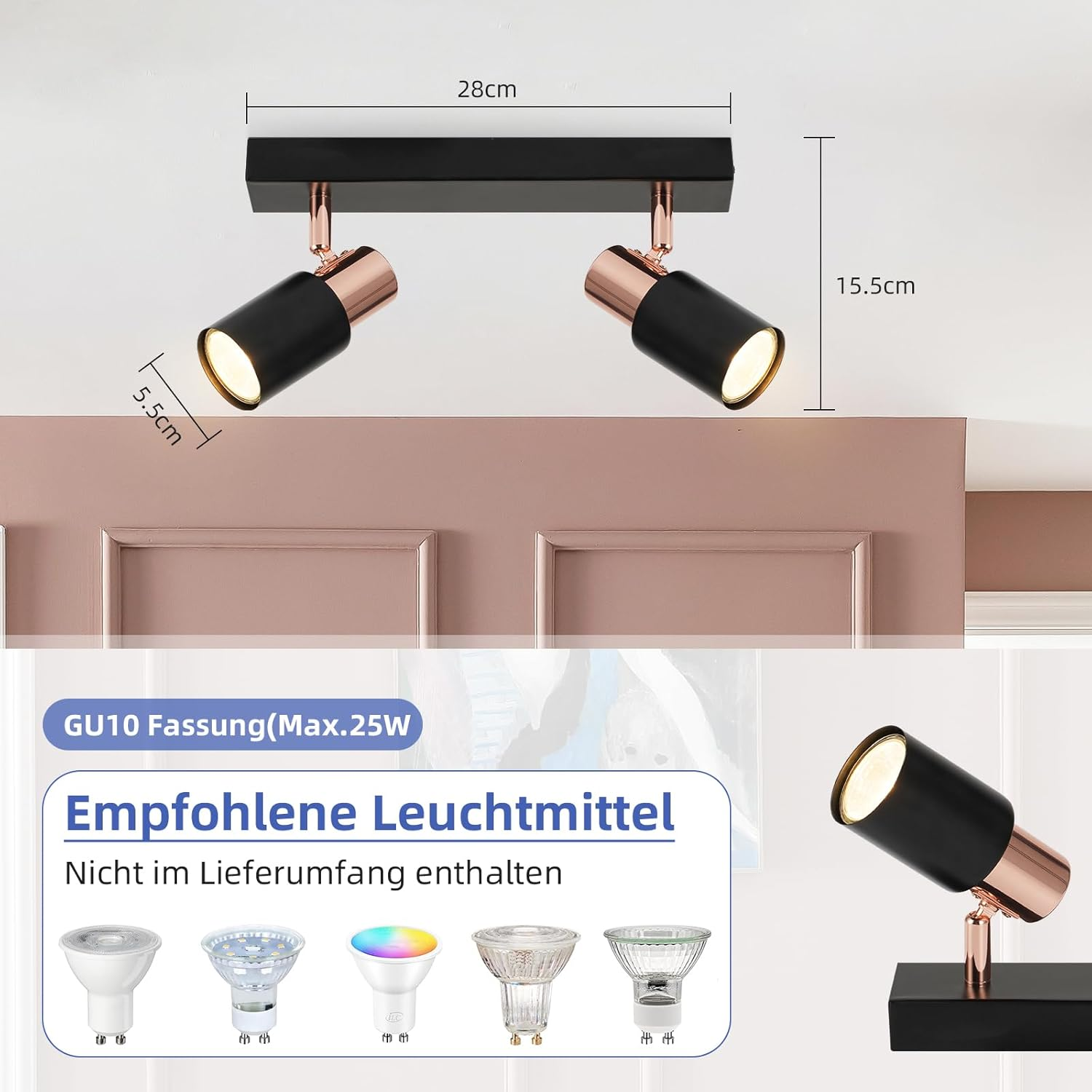 Faretti da soffitto neri con accenti in rame, larghi 28cm, alti 15.5cm.