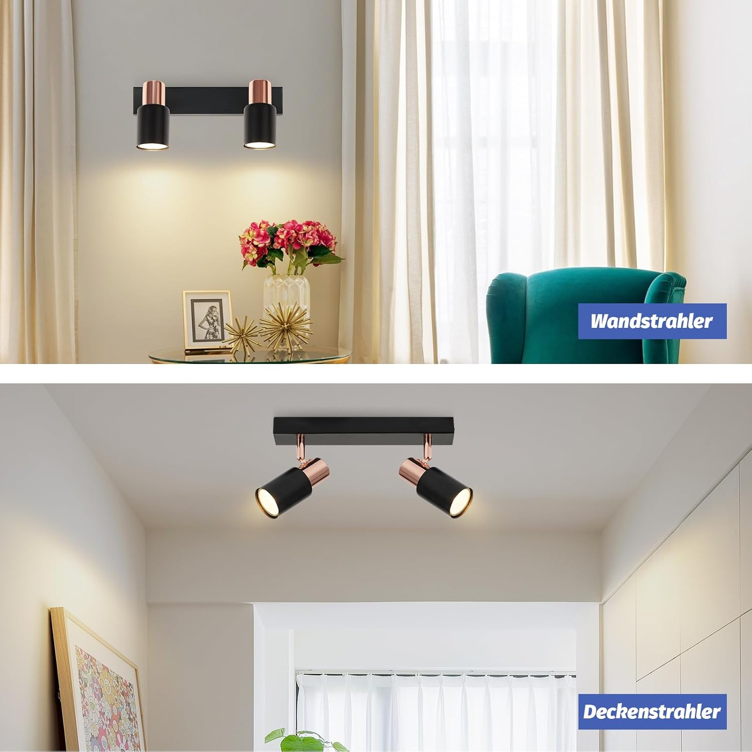 Due applique nere con dettagli in rame e due faretti da soffitto.