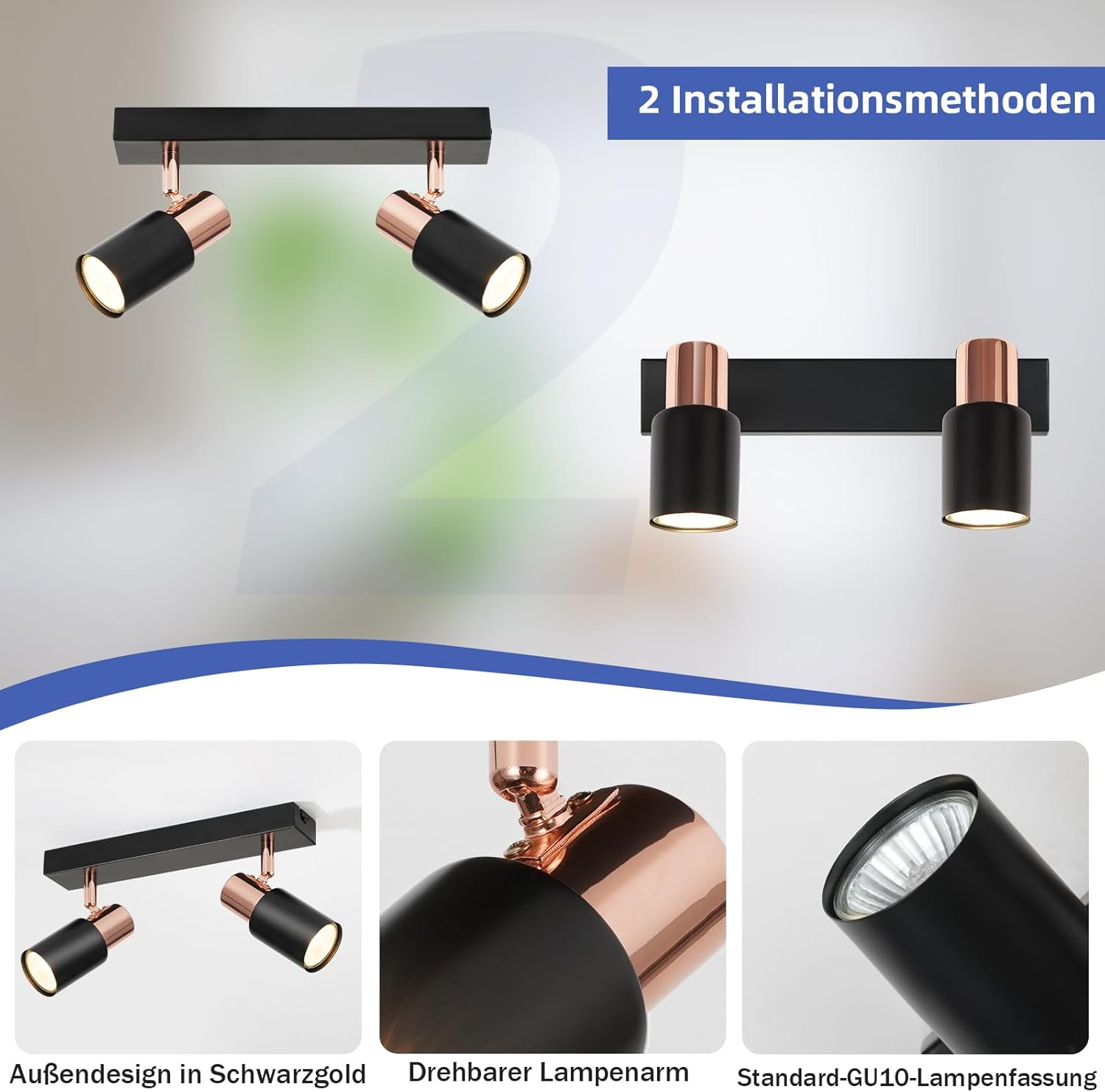 Due faretti da soffitto neri con accenti color rame.