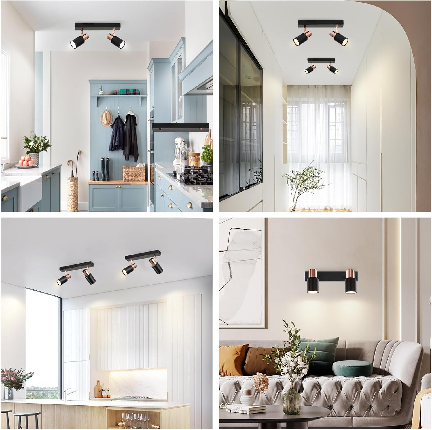 Moderne luci a soffitto e a parete in varie ambientazioni domestiche.
