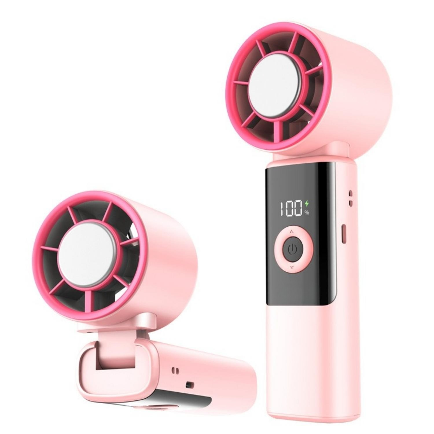 Zwei pinke tragbare Ventilatoren. Einer steht aufrecht mit Digitalanzeige, der andere ist zusammengeklappt.