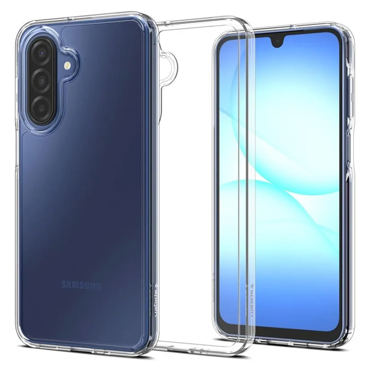 Een doorzichtige telefoonhoes wordt naast een blauwe Samsung telefoon getoond. De hoes is transparant.