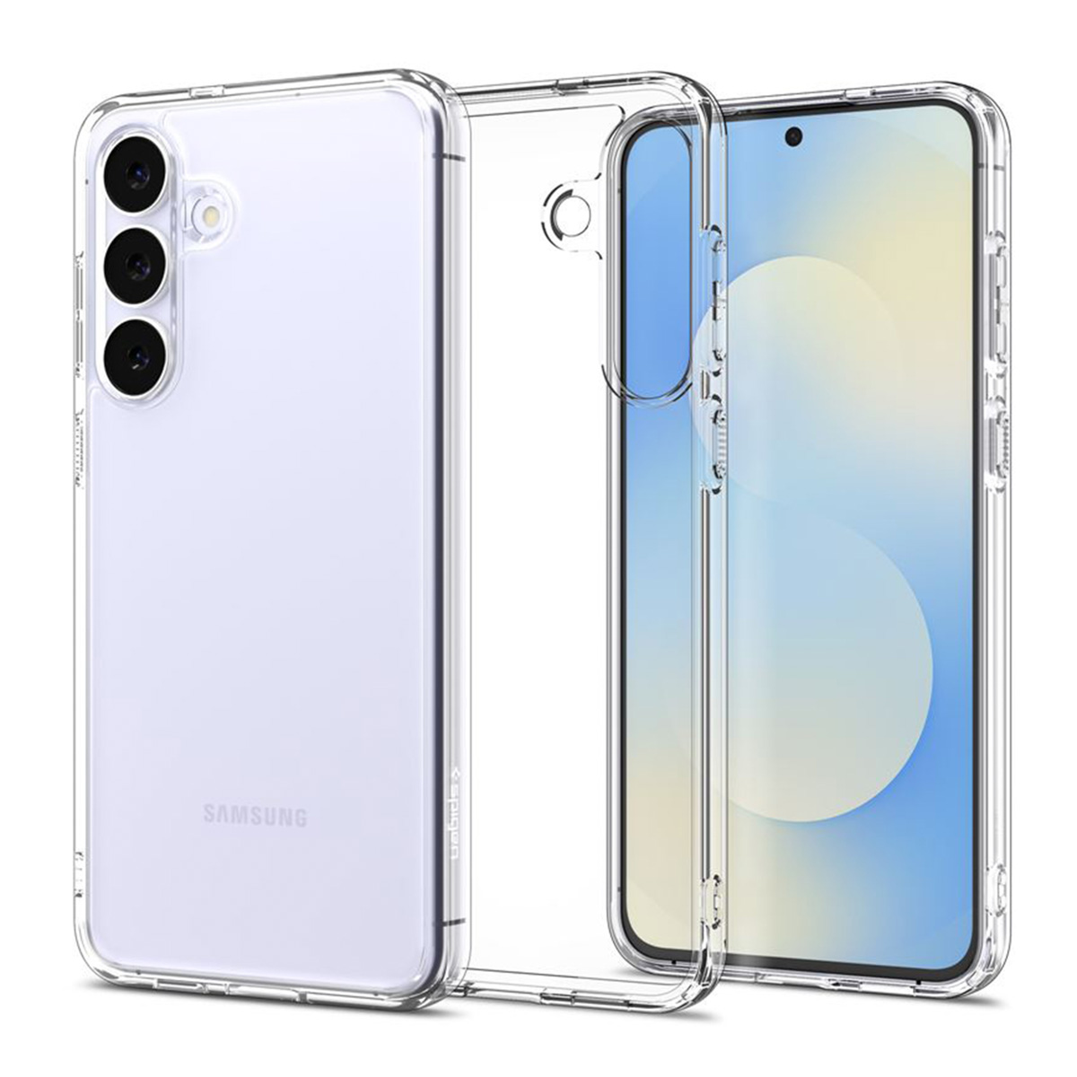 Trois coques de téléphone transparentes, deux pour un Samsung blanc, une ouverte.