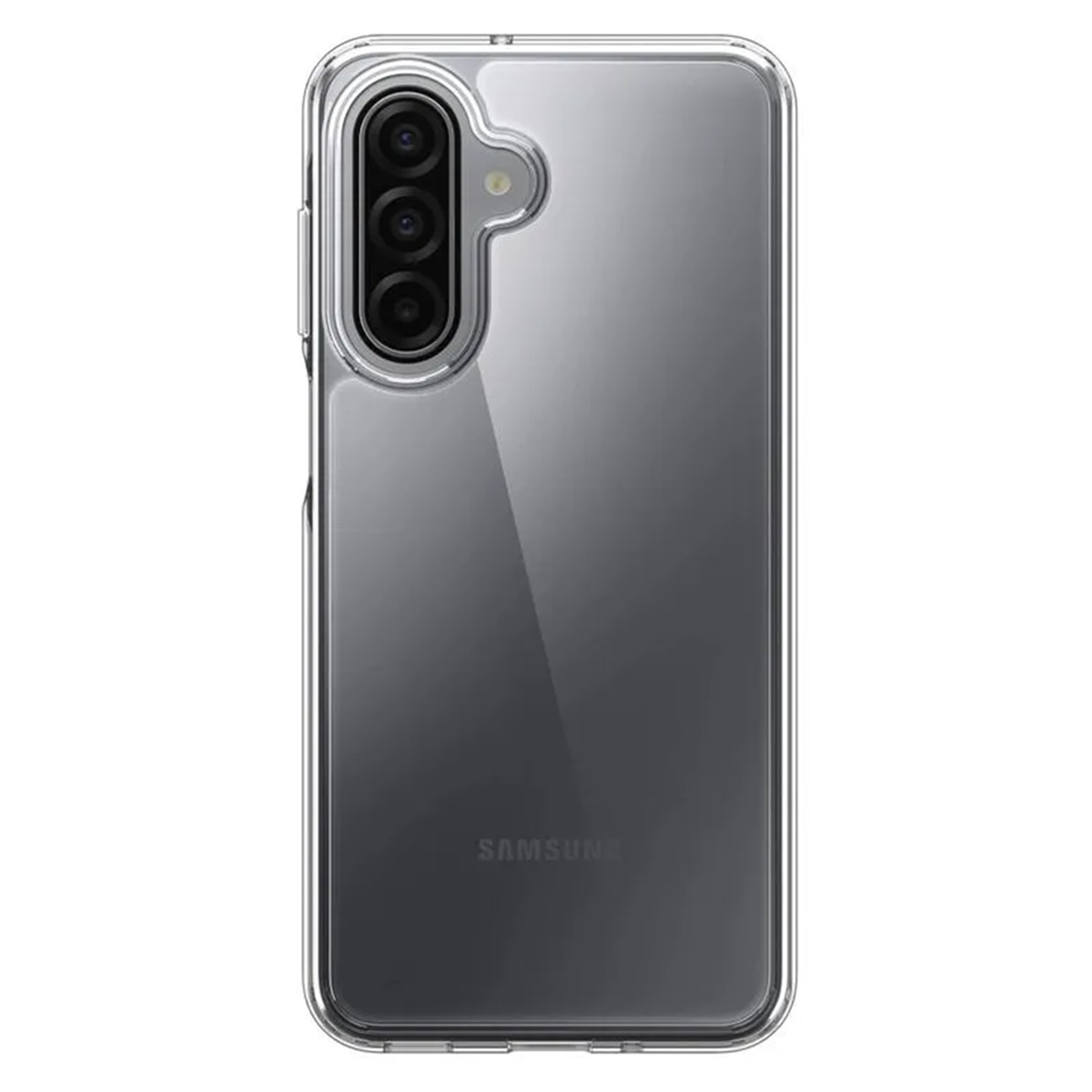 Transparante telefoonhoes met drievoudige camera aan de achterkant van een donkere telefoon.