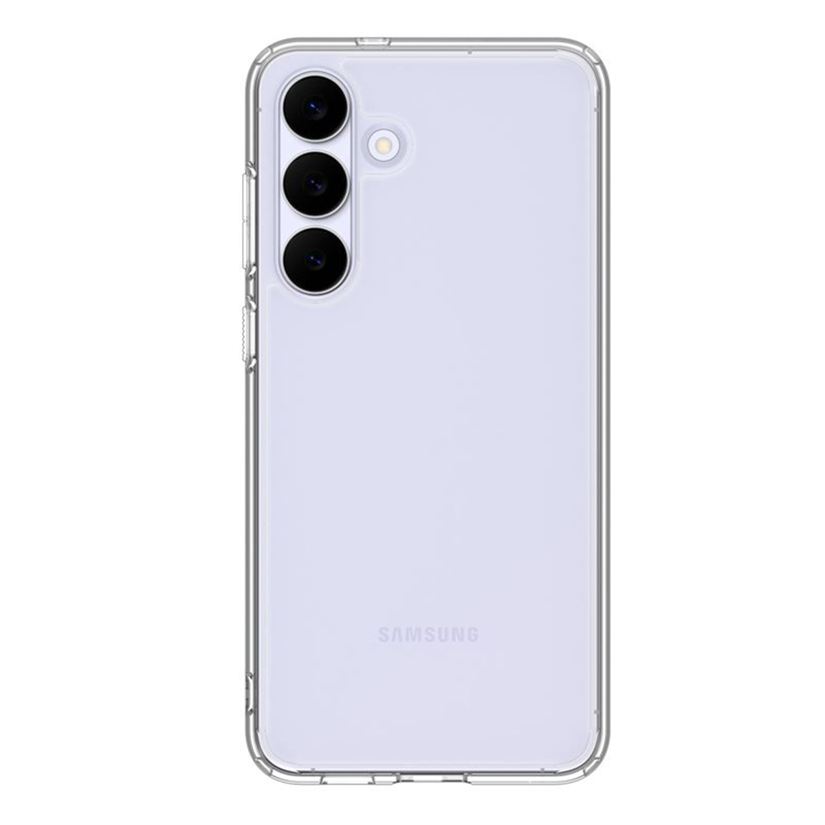 Une coque de téléphone transparente avec trois caméras et le logo Samsung.
