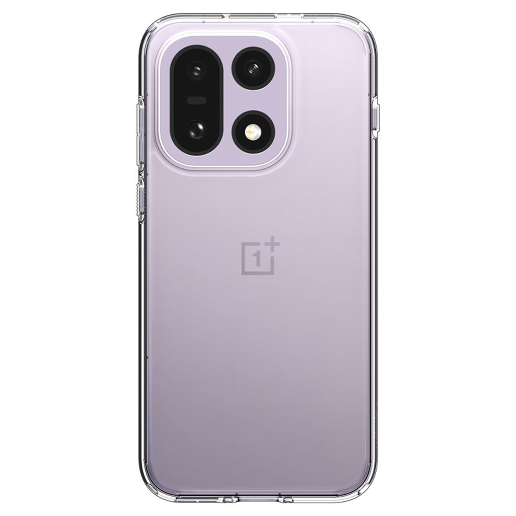 Custodia trasparente per telefono con quad camera e logo OnePlus su sfondo viola.