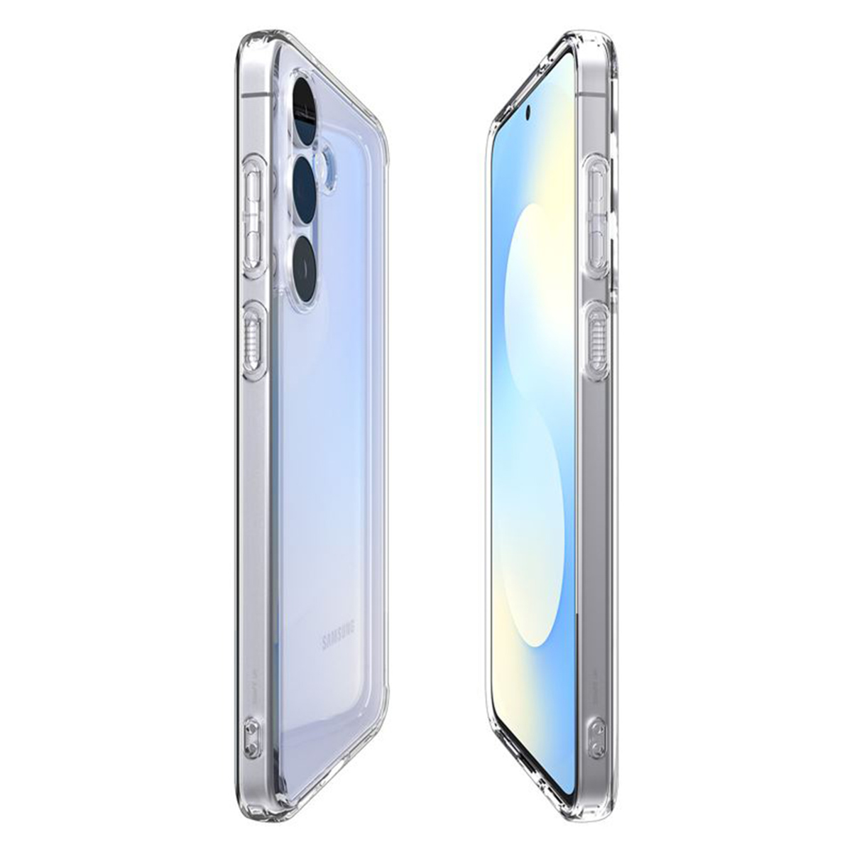 Deux coques de téléphone transparentes sur fond blanc. L'une montre l'arrière avec des caméras.