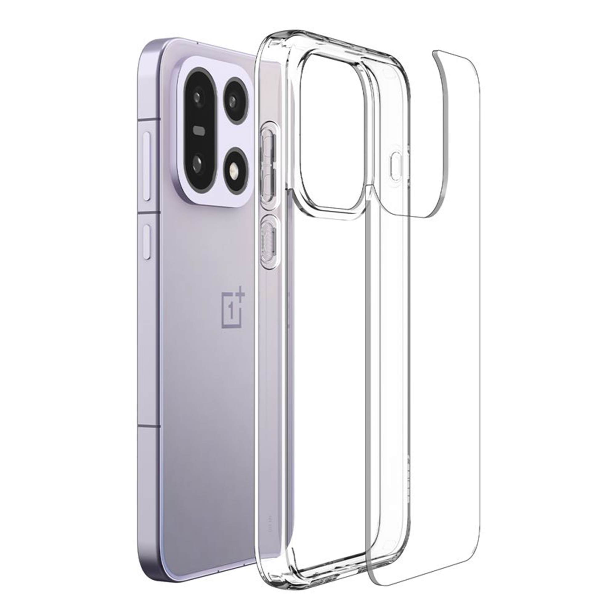Uno smartphone viola con una custodia trasparente su sfondo bianco.