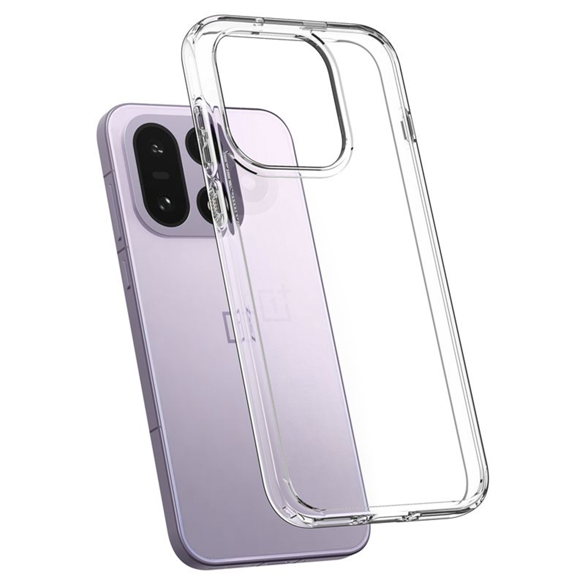 Una cover trasparente su un telefono viola con tre fotocamere.