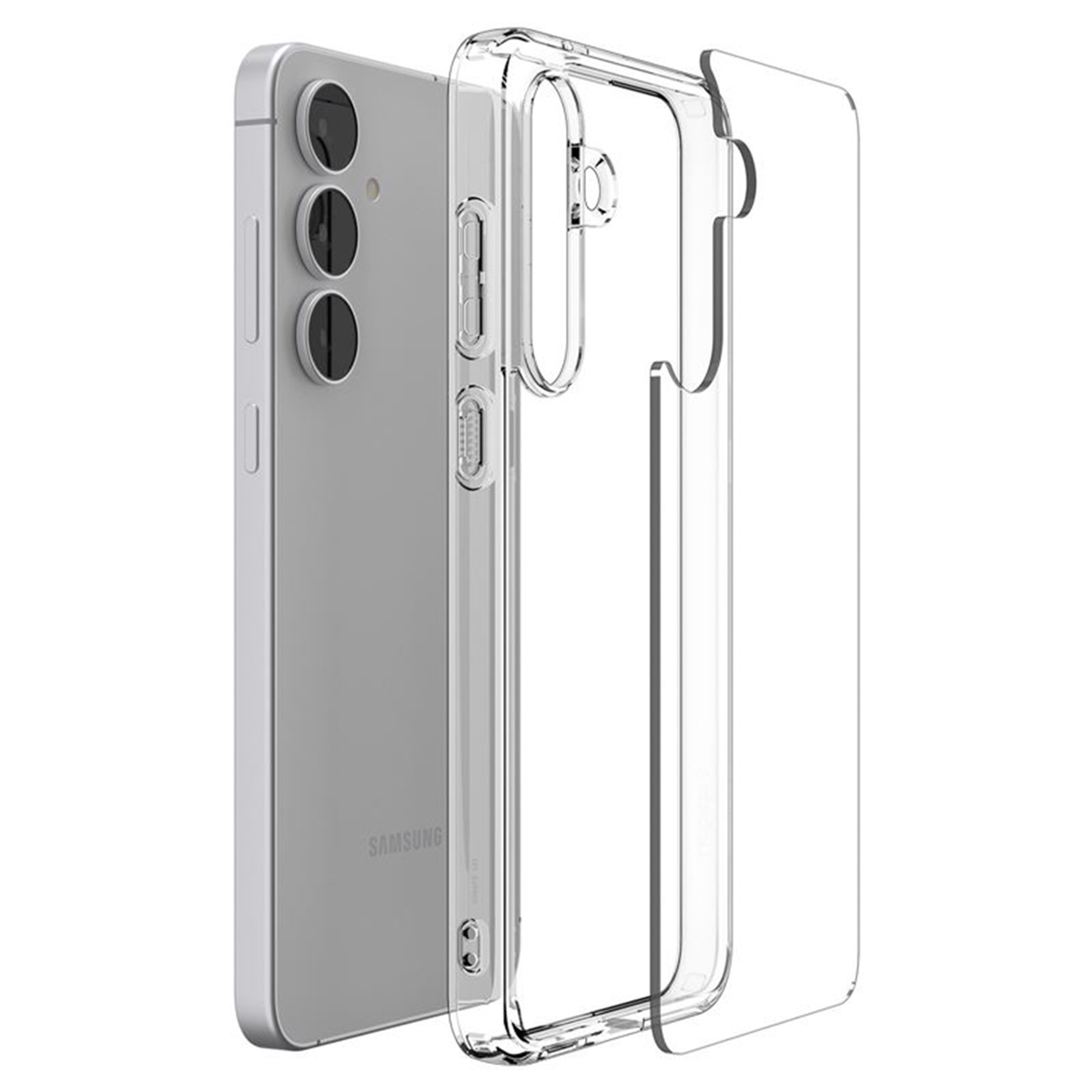 Un smartphone argenté avec un étui transparent à côté.