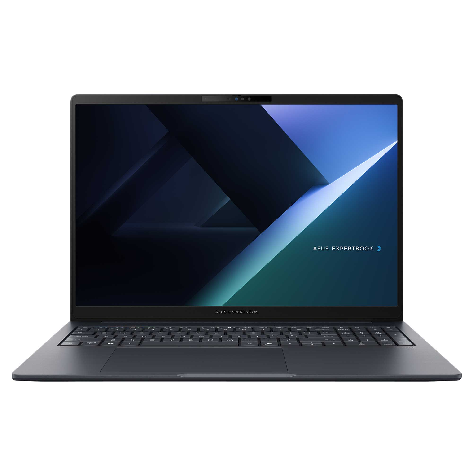 Ekranında soyut mavi arka plana sahip koyu renkli bir ASUS Expertbook dizüstü bilgisayar.