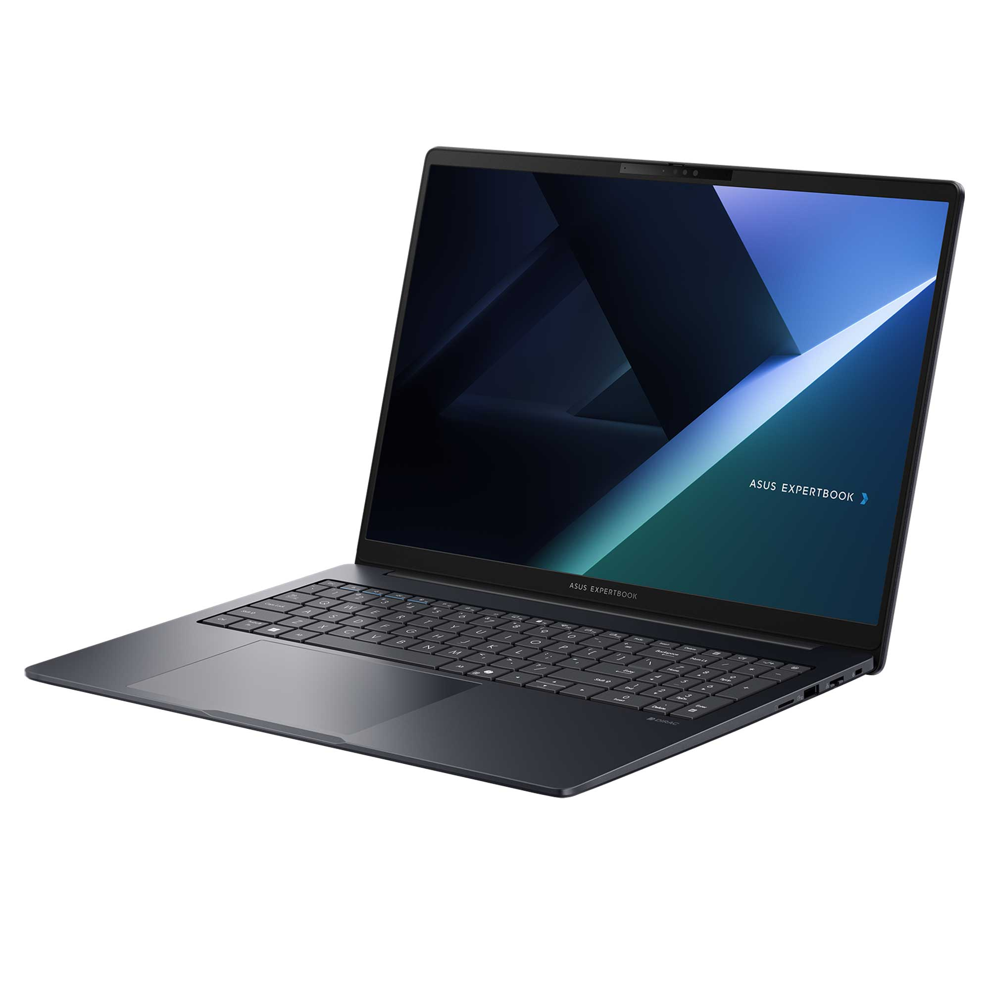 Beyaz zeminde koyu renk Asus ExpertBook dizüstü bilgisayar.