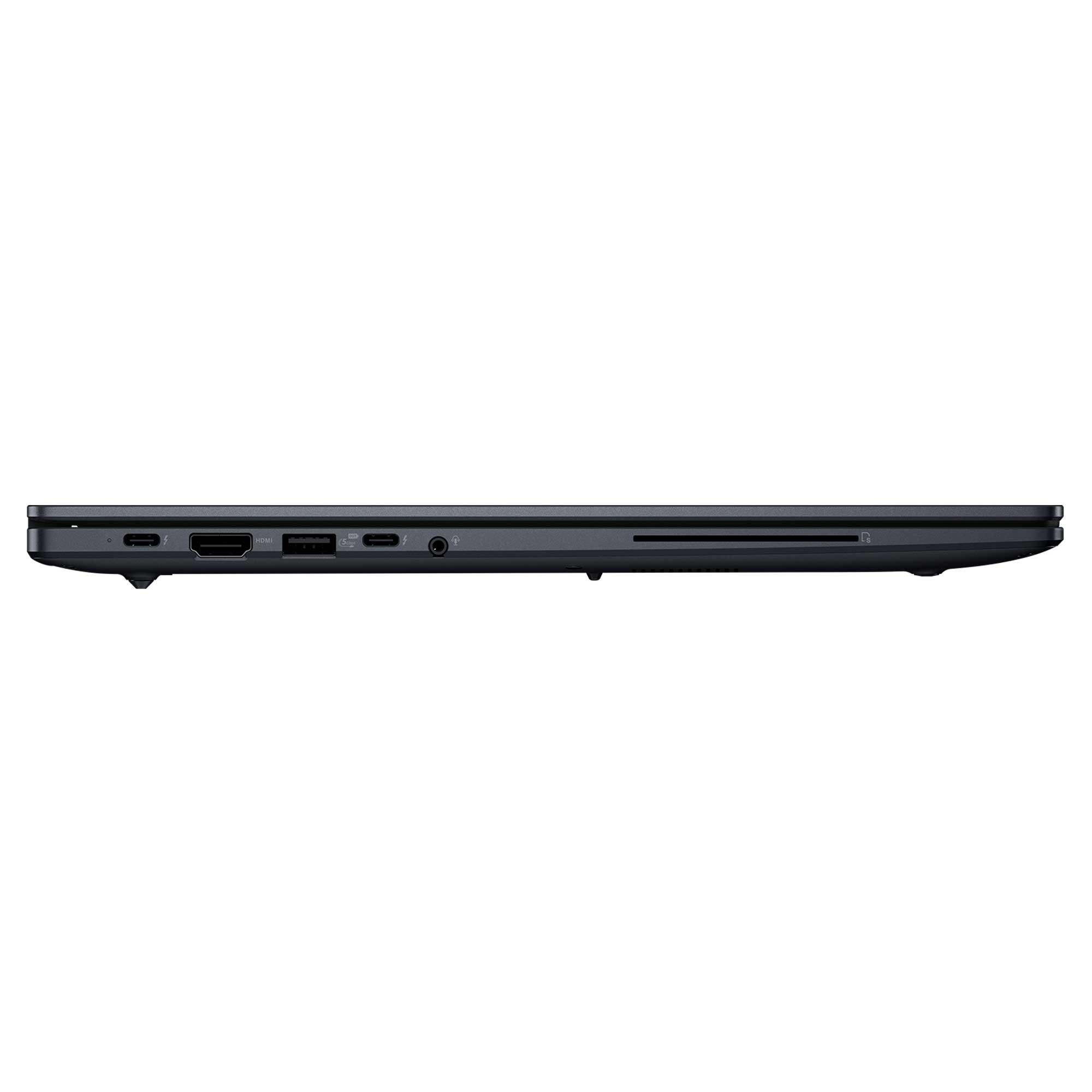 Koyu gri dizüstü bilgisayarın yan görünümü, bağlantı noktaları: USB-C, HDMI, SD kart okuyucu.