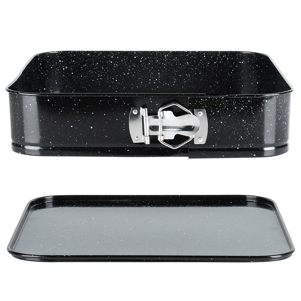 Molde rectangular negro con patrón de salpicaduras blancas y cierre de clip plateado.