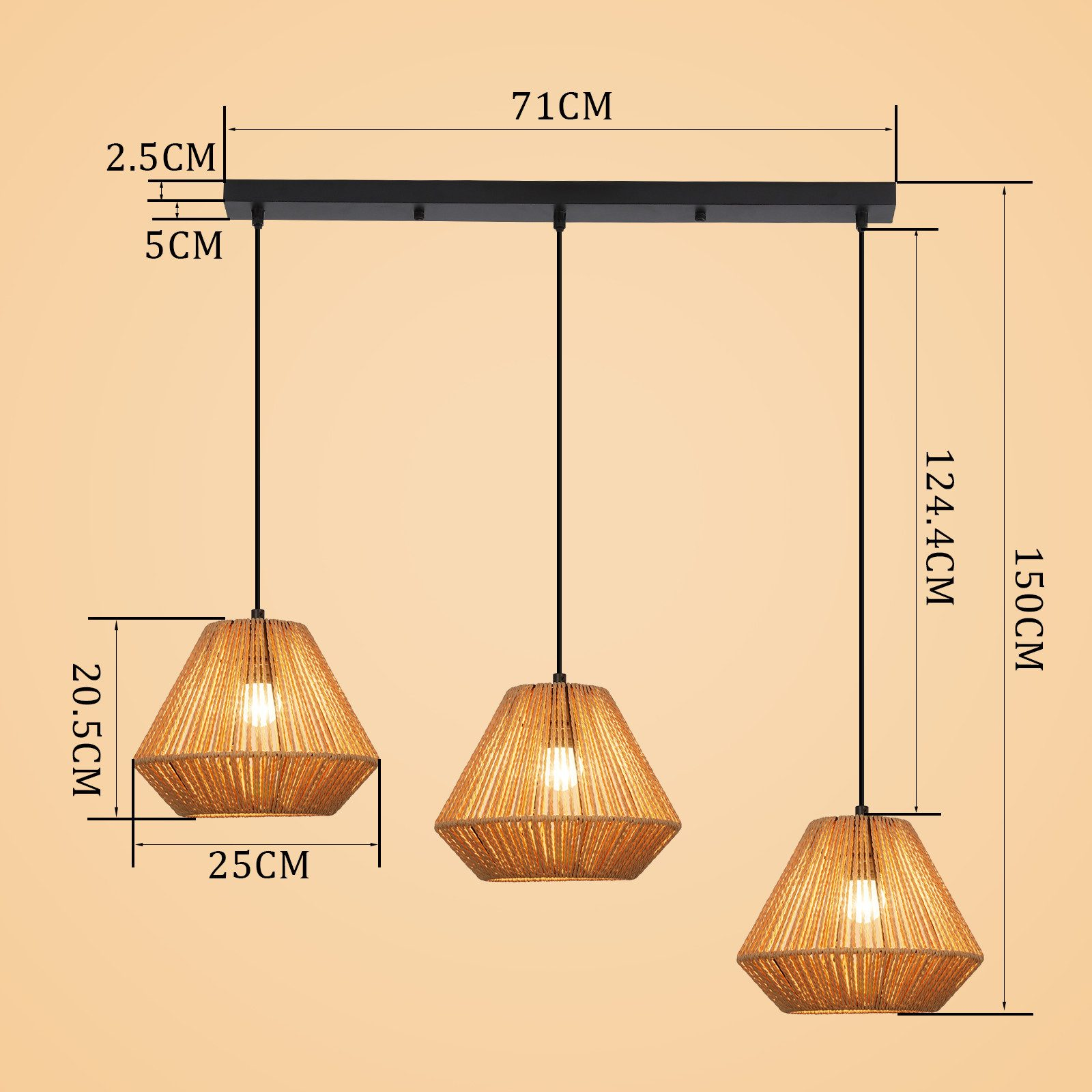 Lampada a sospensione con tre paralumi in corda, montata su barra nera. Dimensioni.