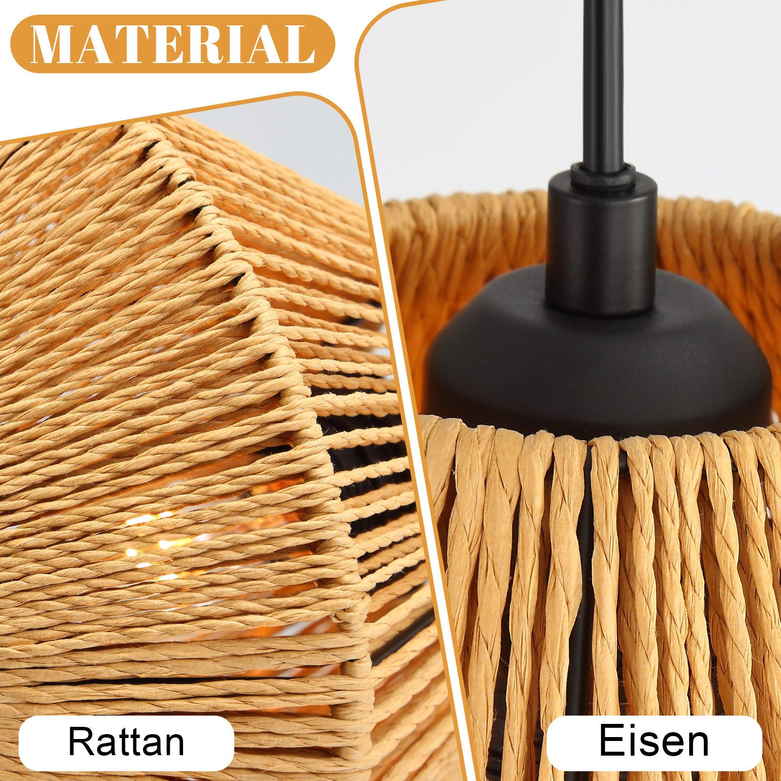 Un lampadario in rattan intrecciato con struttura in metallo nero.