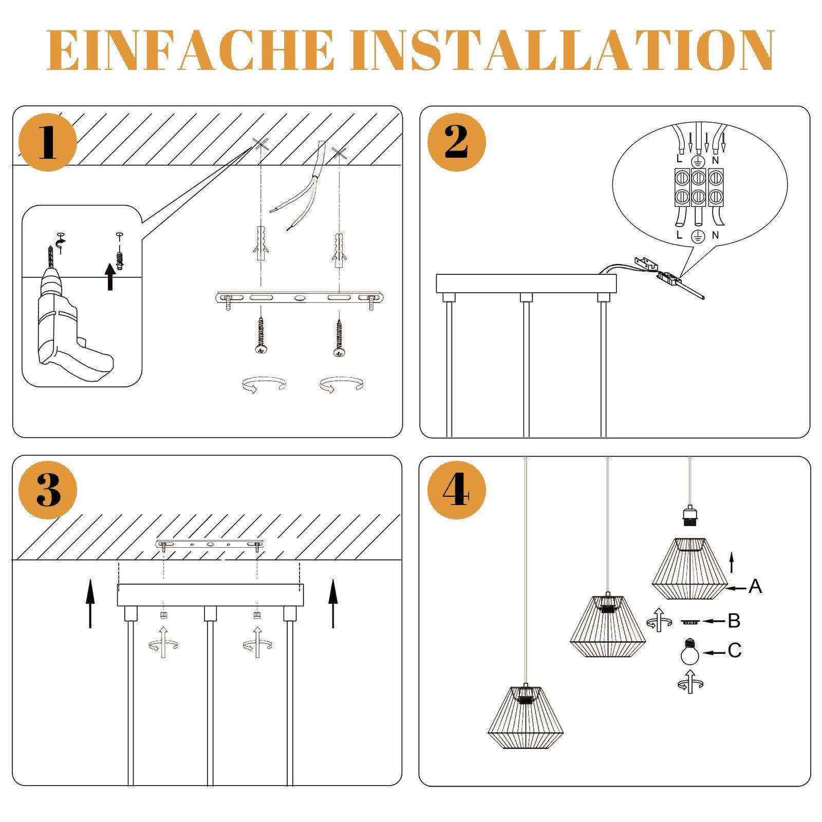 Guida passo passo per installazione lampada: trapano, cavi, assemblaggio.