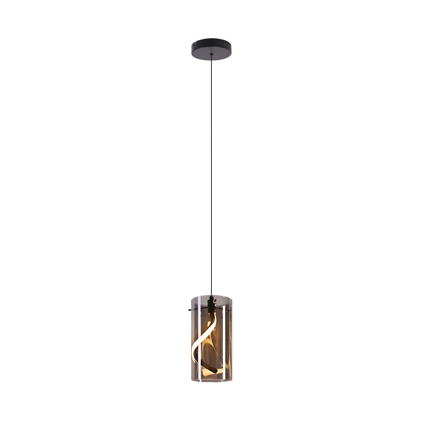 Lampada a sospensione cilindrica con vetro fumé e lampadina a spirale.