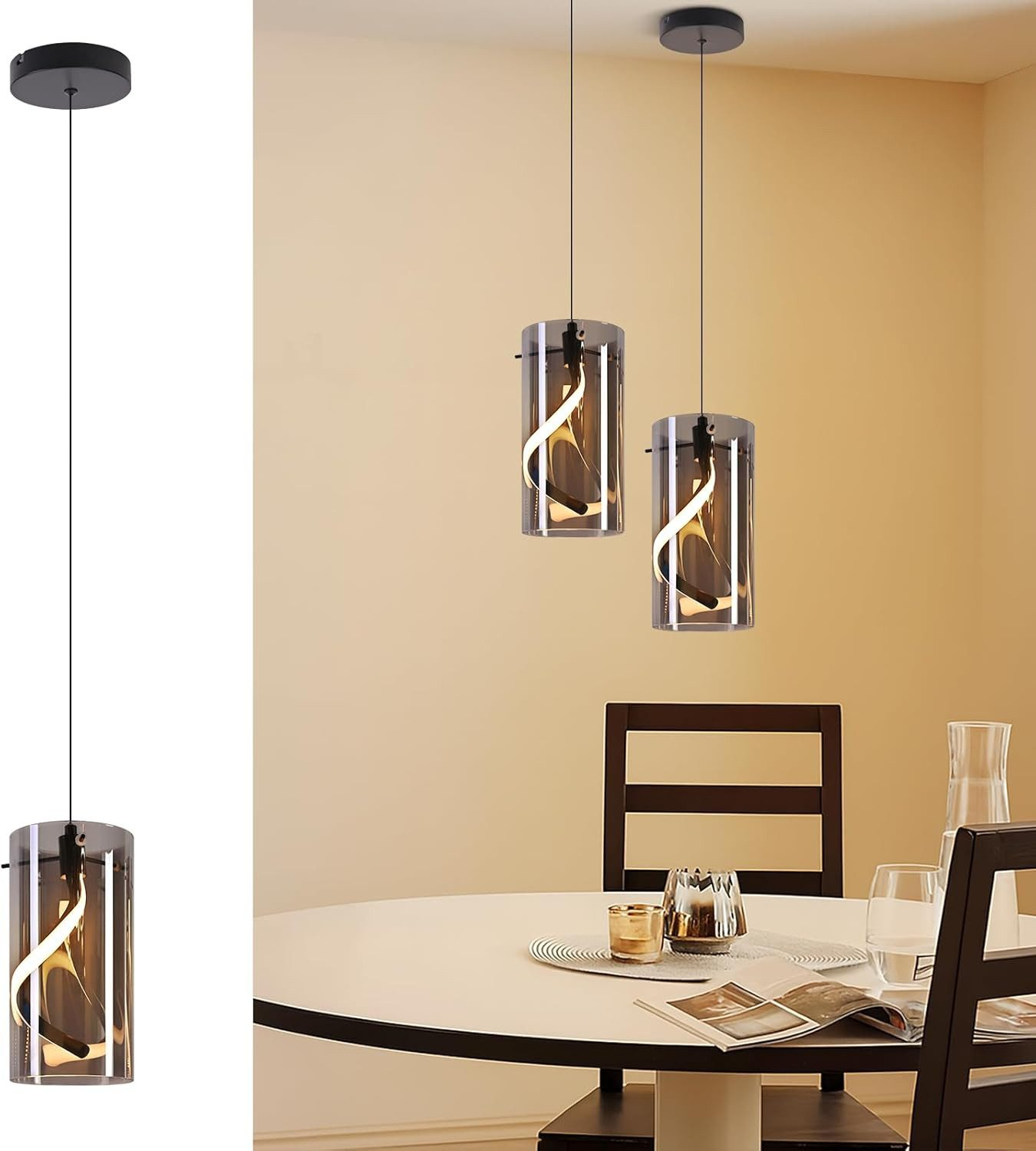 Due lampade a sospensione cilindriche con vetro fumé e LED a spirale.