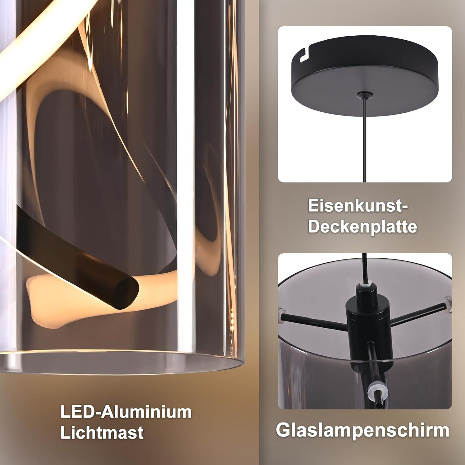 Lampada a sospensione con cilindro in vetro, asta LED e piastra a soffitto nera.