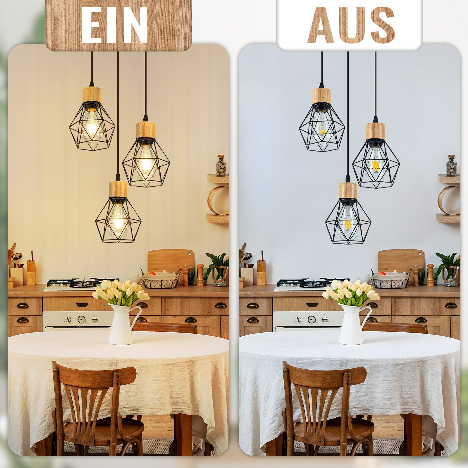 Vista divisa di una cucina: lato sinistro illuminato, lato destro scuro. Lampade a sospensione.