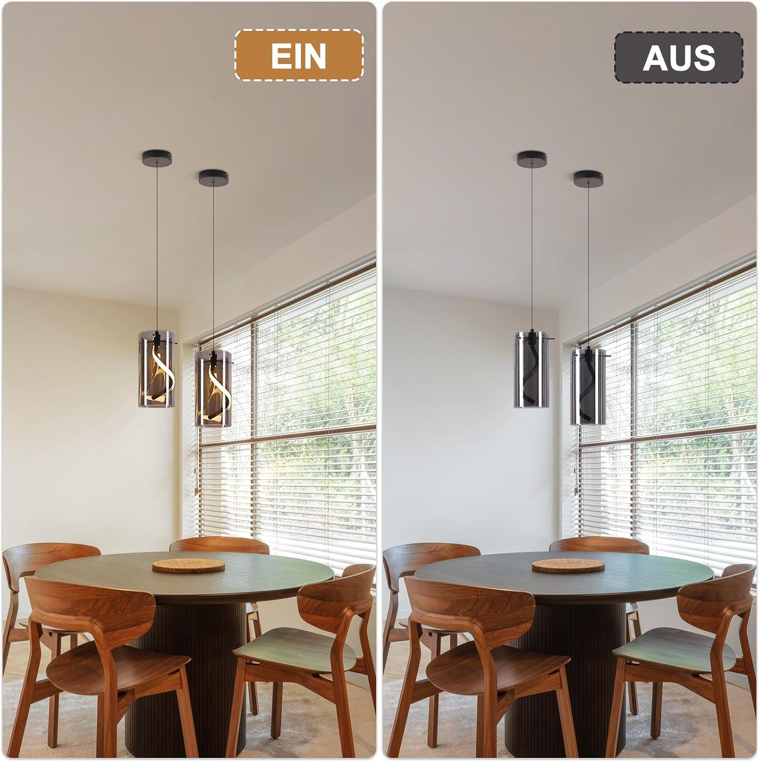 Sala da pranzo con tavolo, sedie in legno e lampade a sospensione accese/spente.