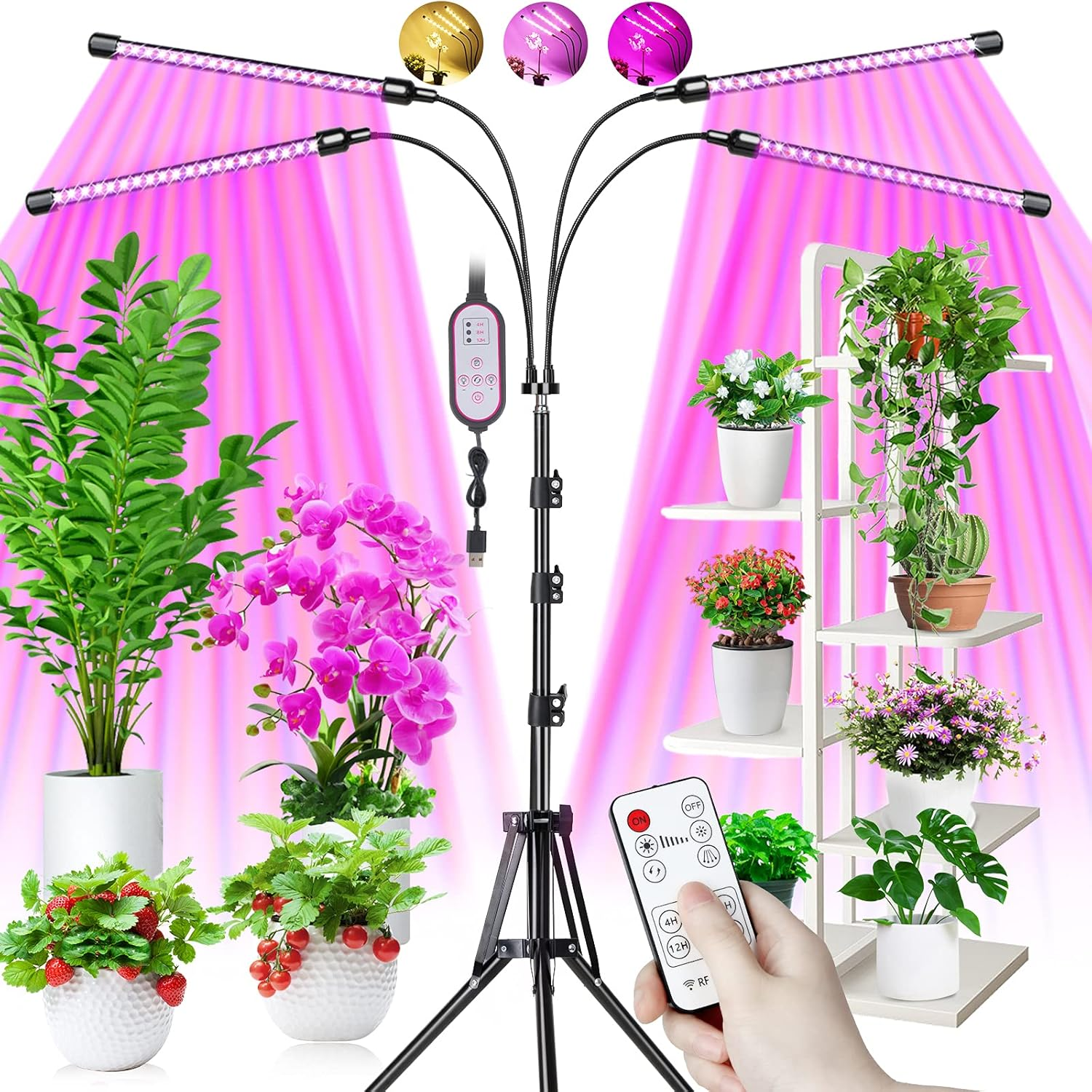 Pflanzen-Wachstumslicht mit Fernbedienung und mehreren Pflanzen auf Regalen.