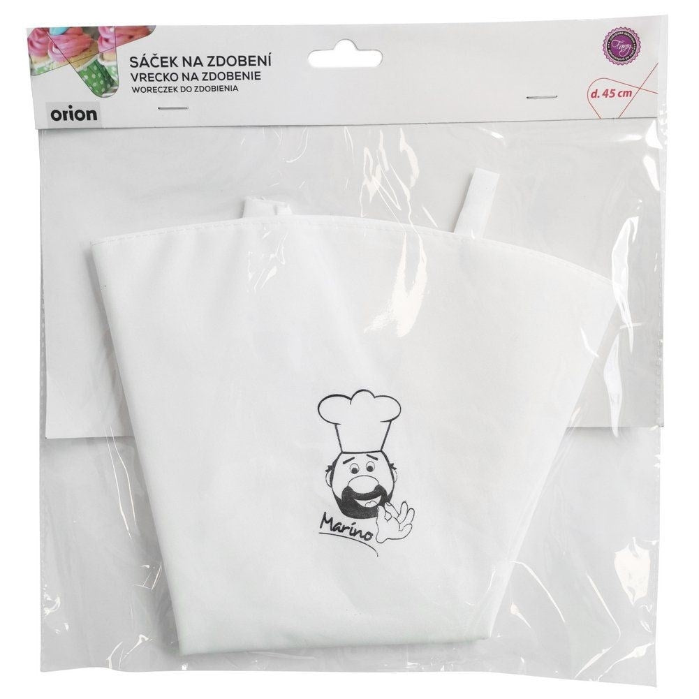 Manga pastelera blanca con dibujo de chef "Marino" y marca "Orion" en empaque.