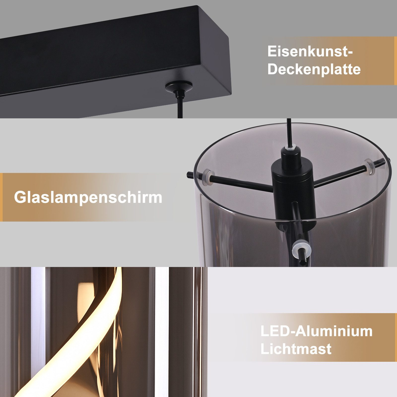 Schwarze Deckenplatte, Glaslampenschirm und LED-Lichtmast.