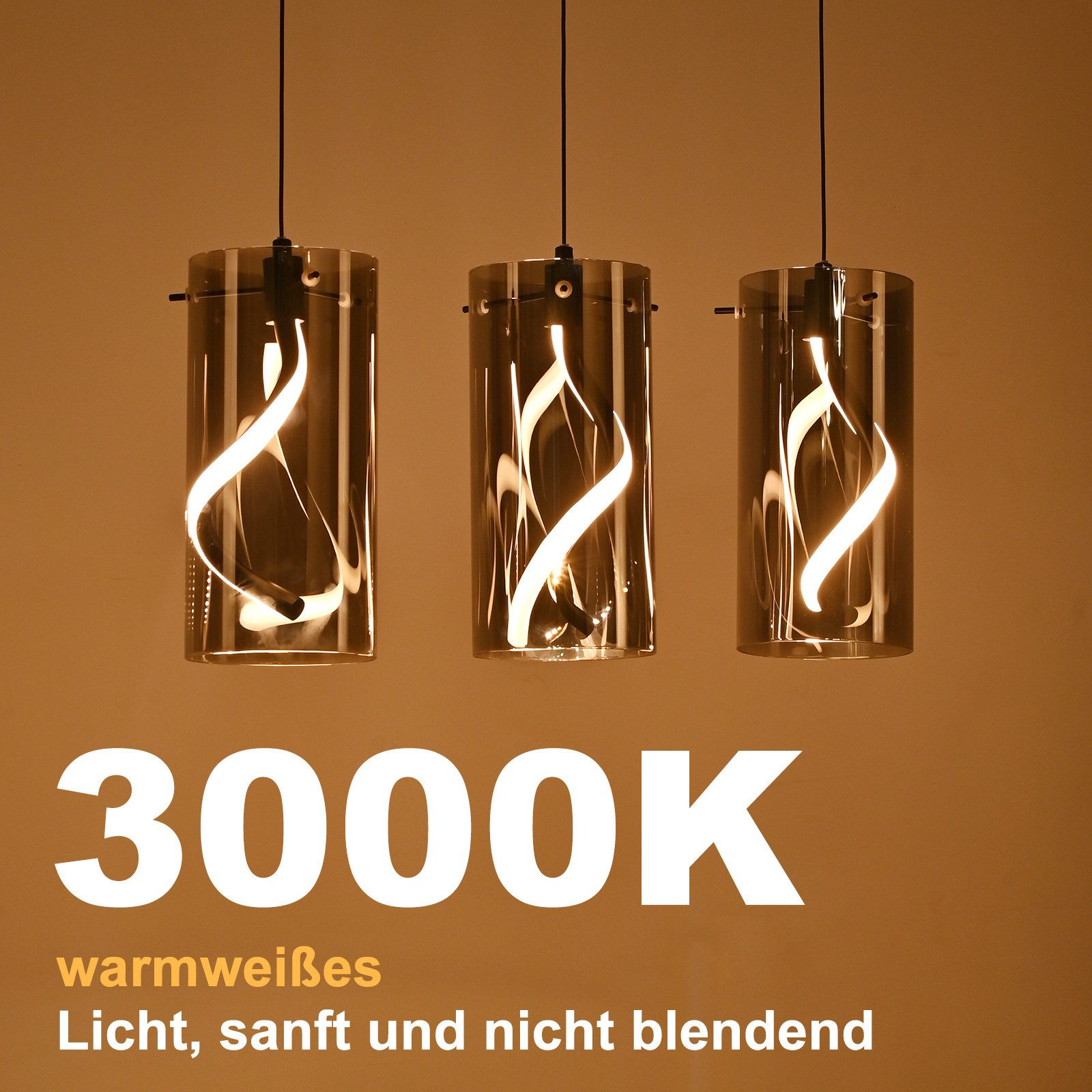 Tre lampade a sospensione cilindriche con luce bianca calda, 3000K.