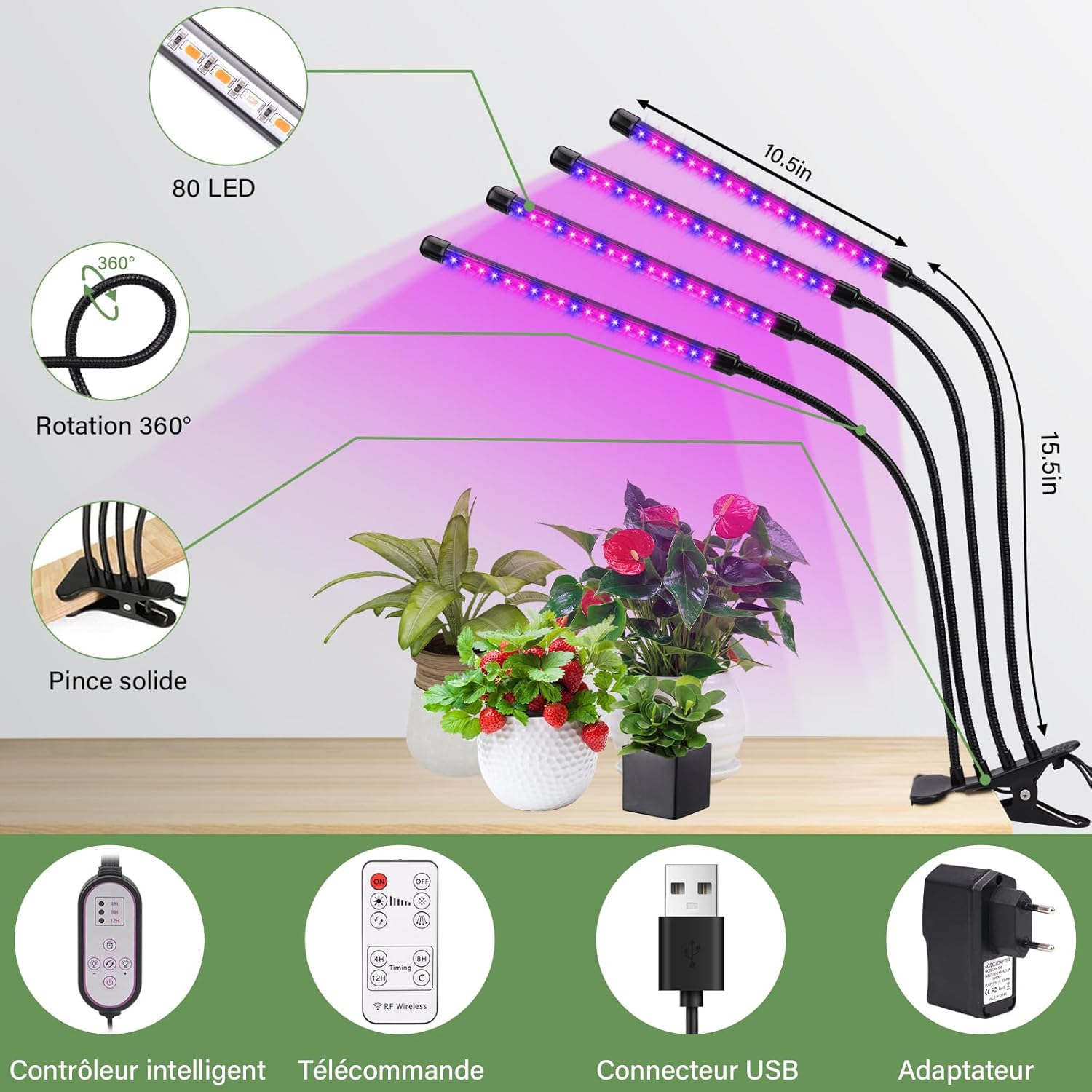 Pflanzenlampe mit 5 flexiblen Armen, 80 LEDs, USB-Stecker, Fernbedienung.