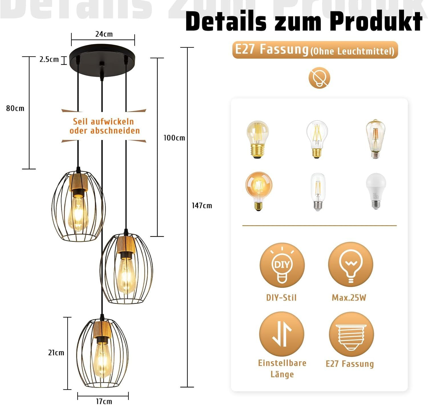 Dreiflammige Pendelleuchte mit Drahtkörben, Holzdetails und verstellbaren Seilen.
