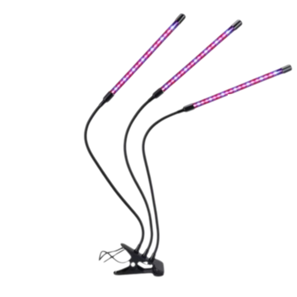 Drei schwarze Pflanzenlampen mit flexiblen Armen und Klemme.