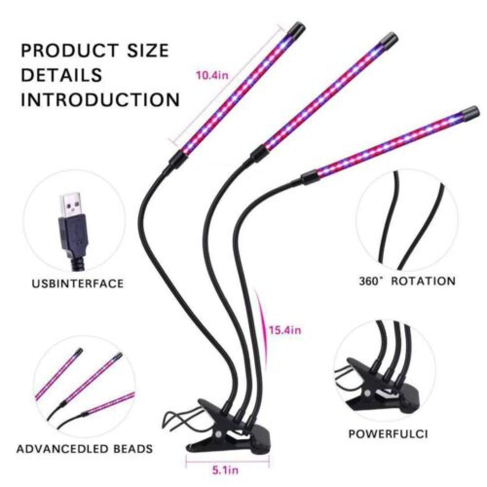 Pflanzenlampe mit drei flexiblen Armen und Clips, USB-Anschluss.