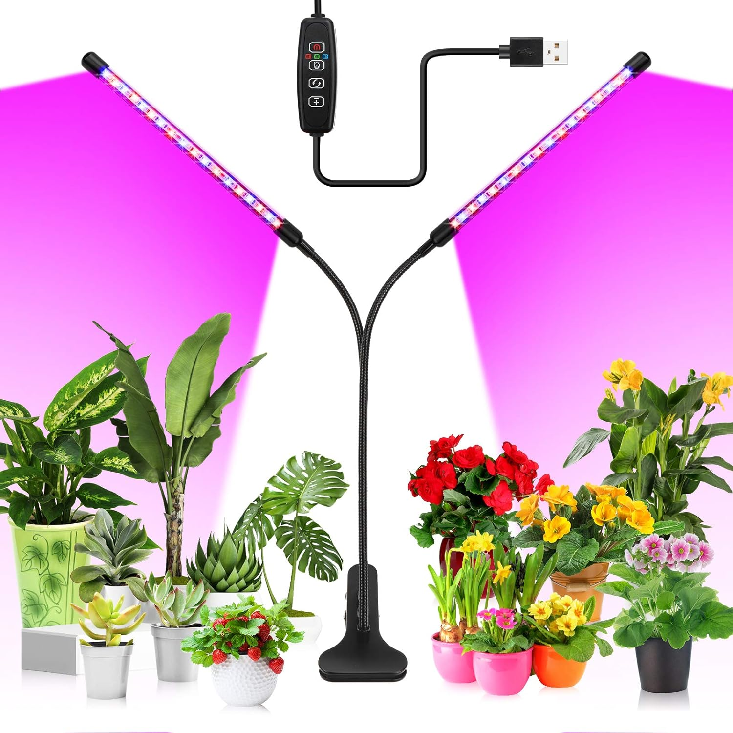 Pflanzenlampe mit zwei Armen und vielen Pflanzen in Töpfen.