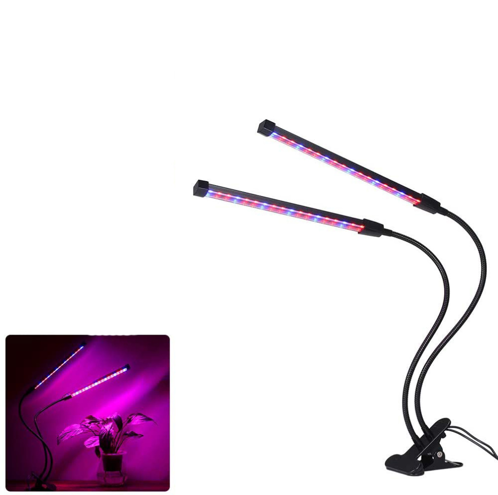 Zwei Clip-On-Pflanzenlampen mit flexiblen Armen, die rotes und blaues Licht ausstrahlen.
