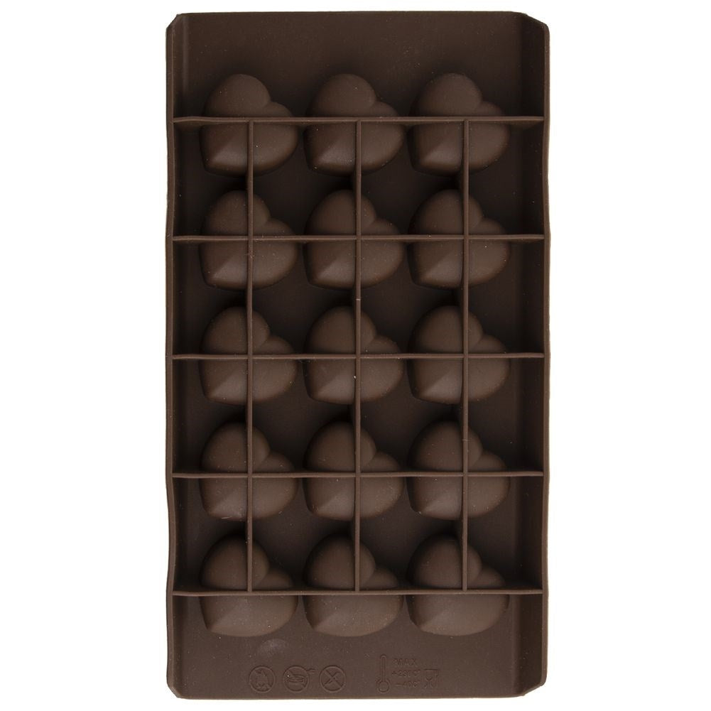 Molde de silicona marrón con 20 cavidades en forma de corazón para chocolate o hielo.